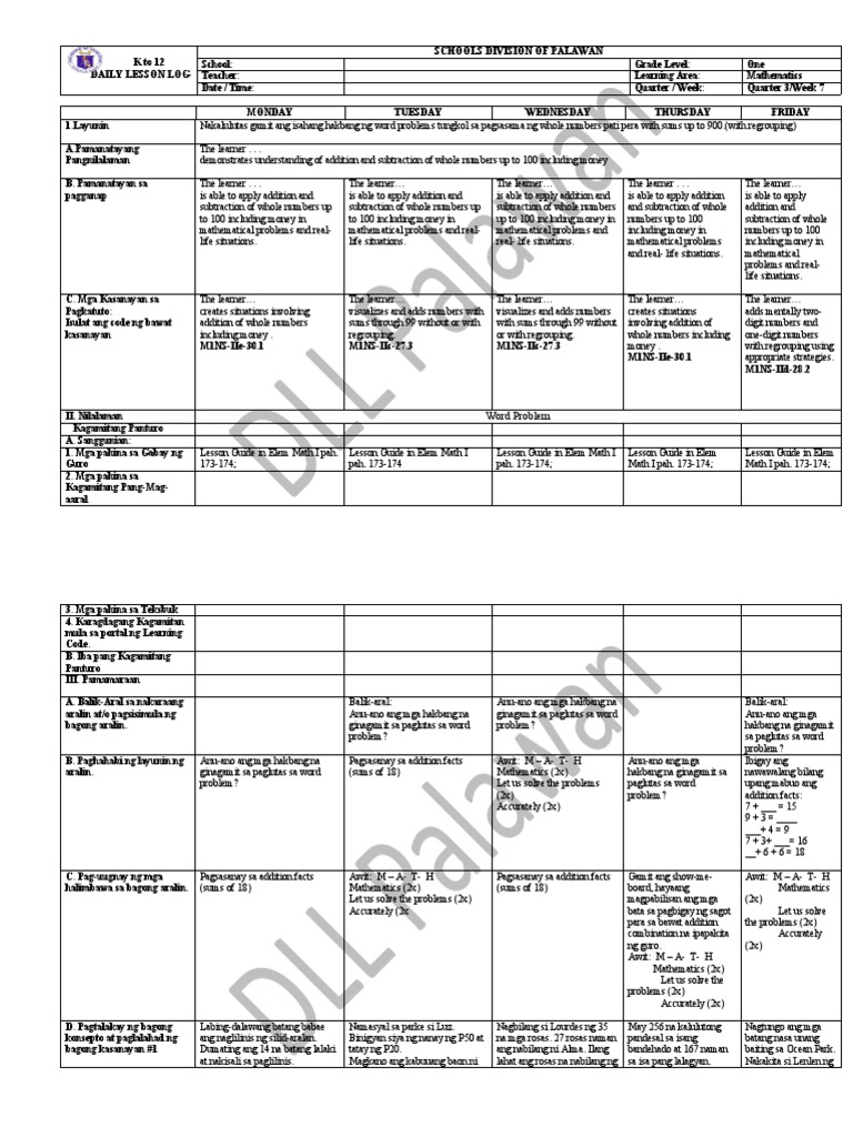 DLL Math Grade1 Quarter2 Week7 (Palawan Division) | PDF | Mathematics ...