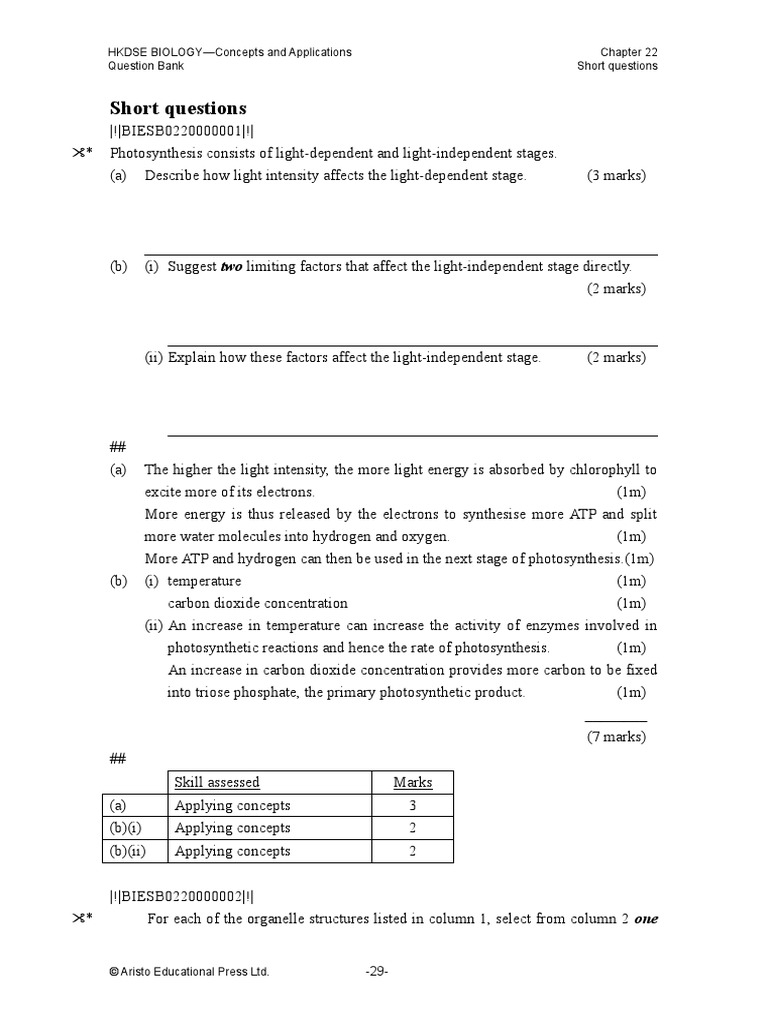 Short Questions HKDSE BIOLOGYConcepts and Applications Question Bank