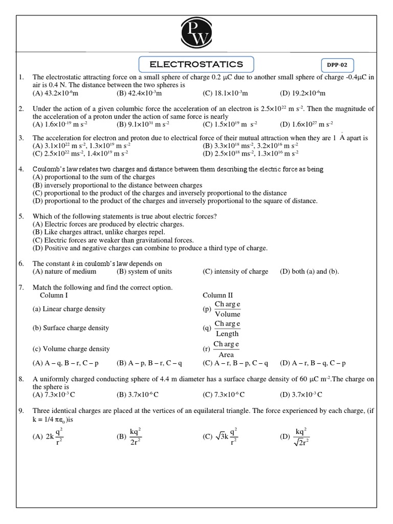 Electrostatics Quiz with Answers | PDF | Electric Charge | Quantity