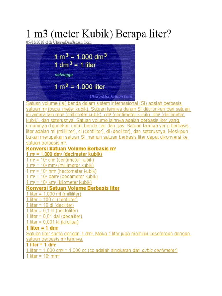 1 M3 Meter Kubik Berapa Liter Konversi Satuan Volume Berbasis M Pdf