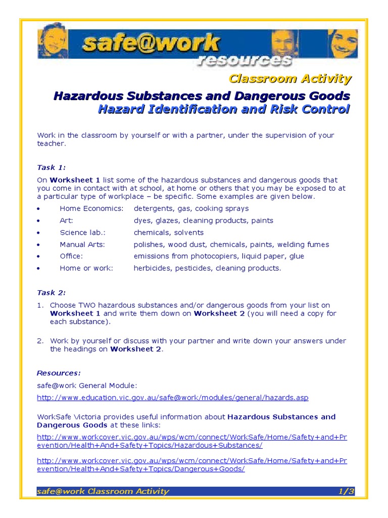 classroom activity hazardous substances and dangerous goods hazard identification and risk control pdf dangerous goods safety
