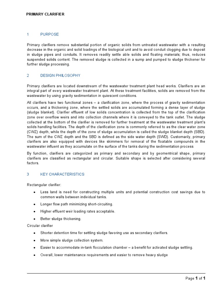 1 Purpose: Primary Clarifier | PDF | Sewage Treatment | Water Management