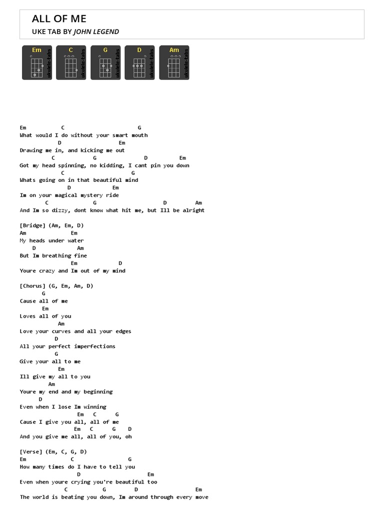 All of Me Uke Tab by John Legend - Ukulele Tabs | PDF