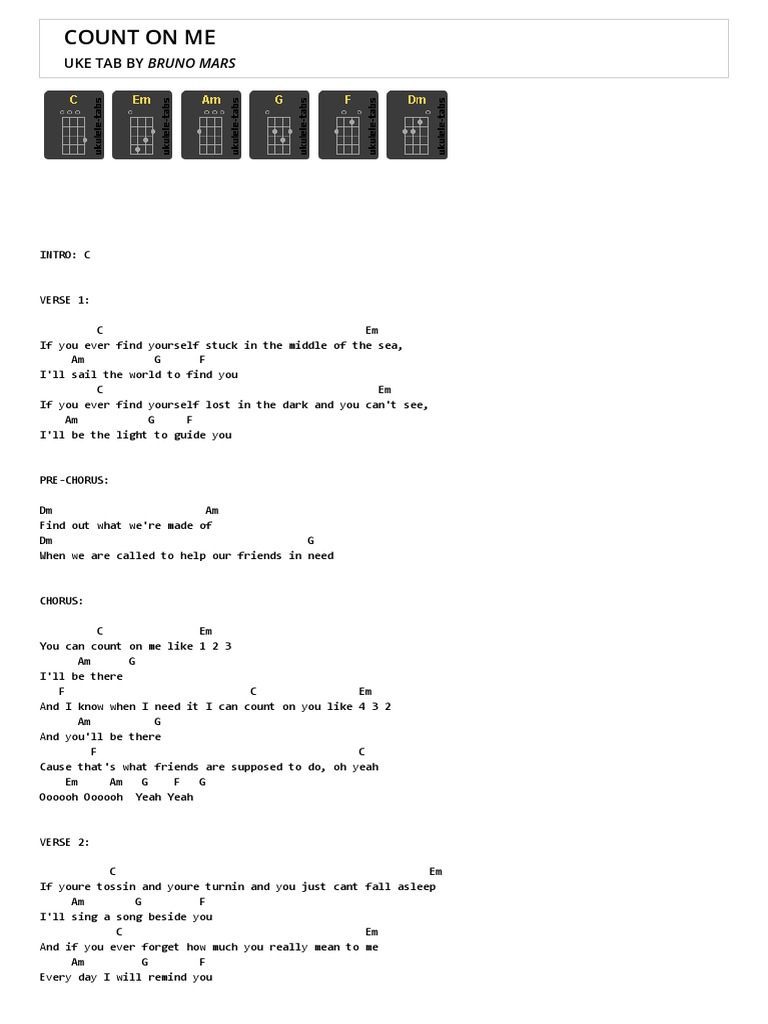 Count On Me Uke Tab By Bruno Mars - Ukulele Tabs | Pdf | Song Structure |  Musical Compositions