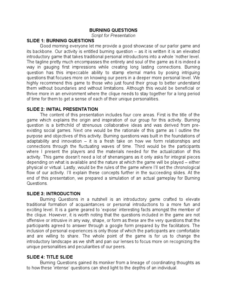 Getting to Know Each Other An Overview of the "Burning Questions PDF