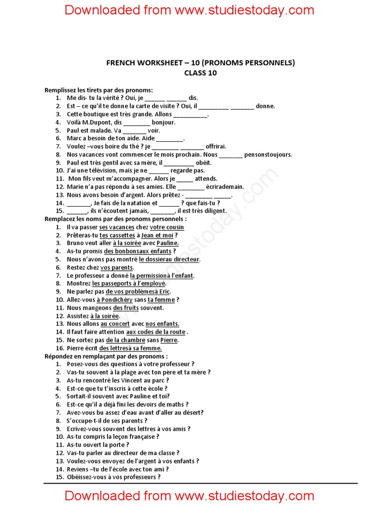 CBSE Class 10 French Assignment - Pronoms Personnels | PDF | Échecs ...