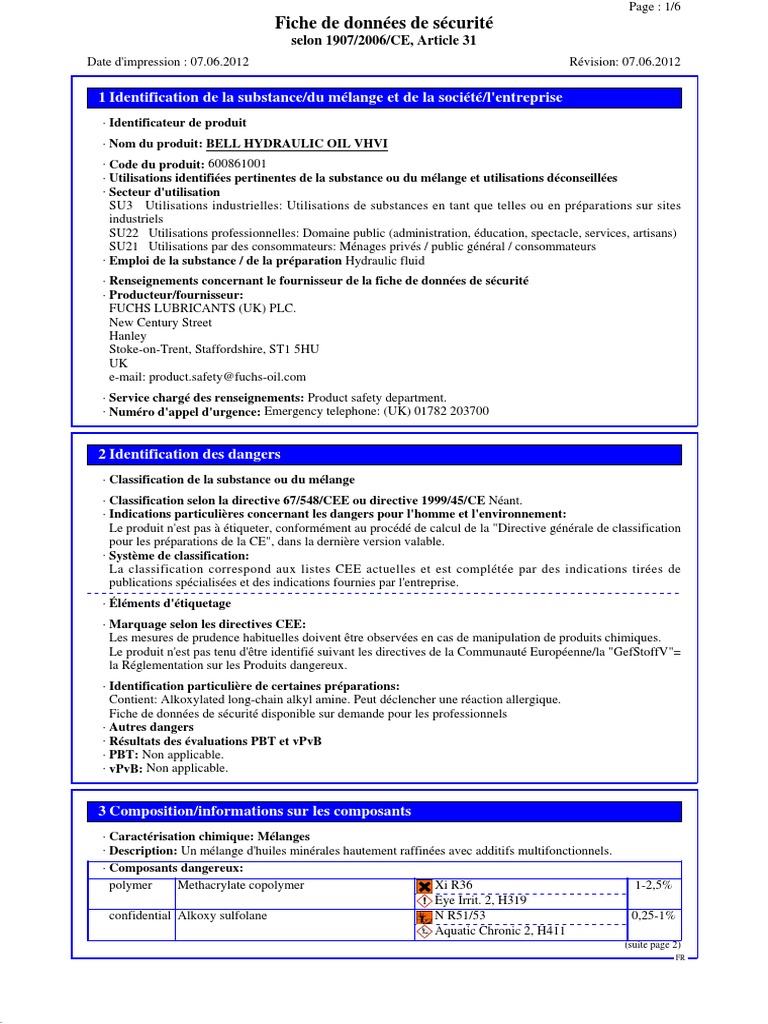BELL HYDRAULIC OIL VHVI - FRA - Sds | PDF | Déchets | Substances chimiques