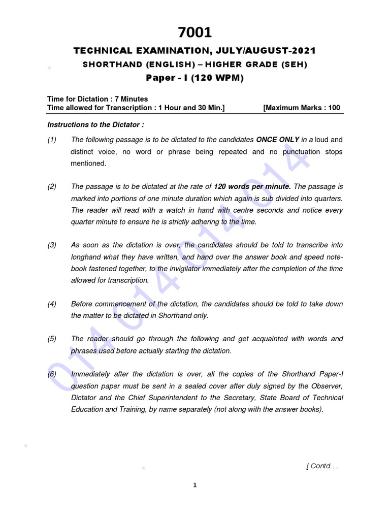 Technical Examination, July/August-2021 Paper - I (120 WPM) : Shorthand ...
