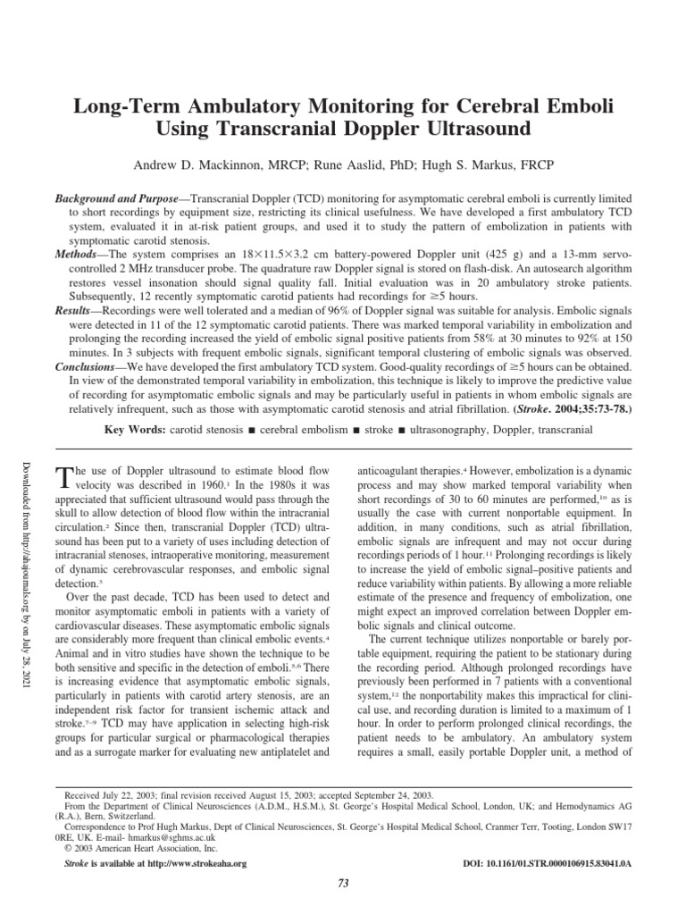 LongTerm Ambulatory Monitoring For Cerebral Emboli Using Transcranial
