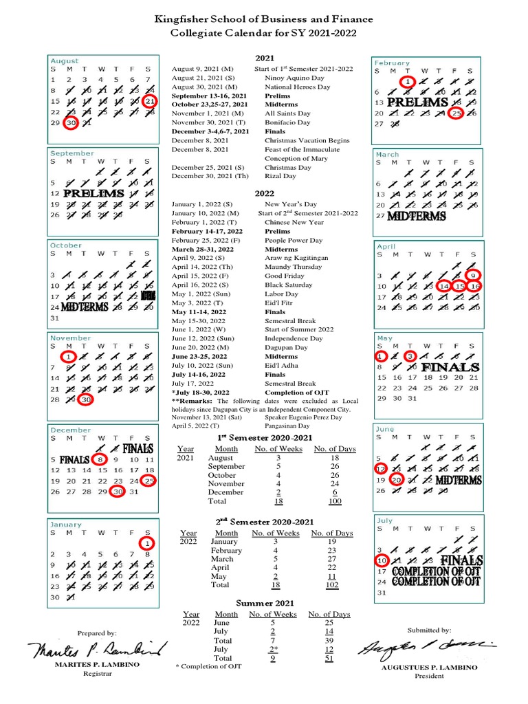 Kingfisher SY 2021 2022 Calendar School PDF Academic Term Festival