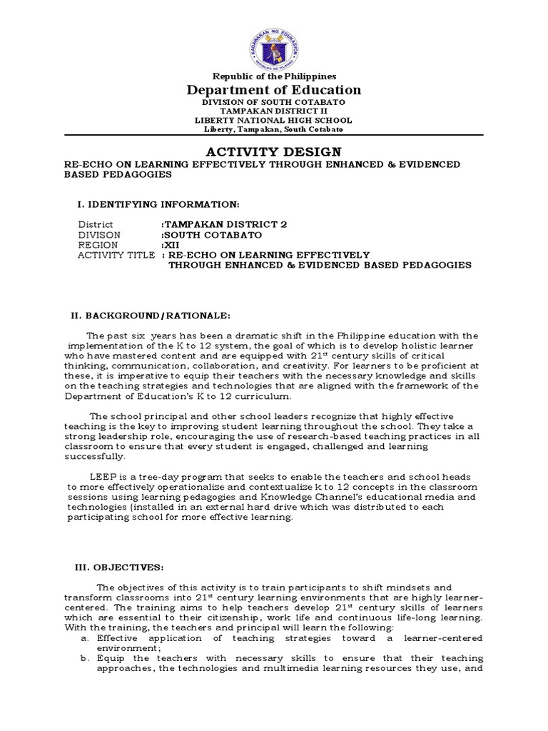 Department of Education: Activity Design | PDF | Teachers | Learning