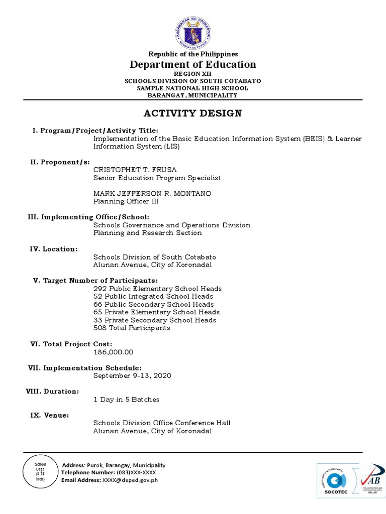 Sample School Level Activity Design Template Pdf Meal Lunch