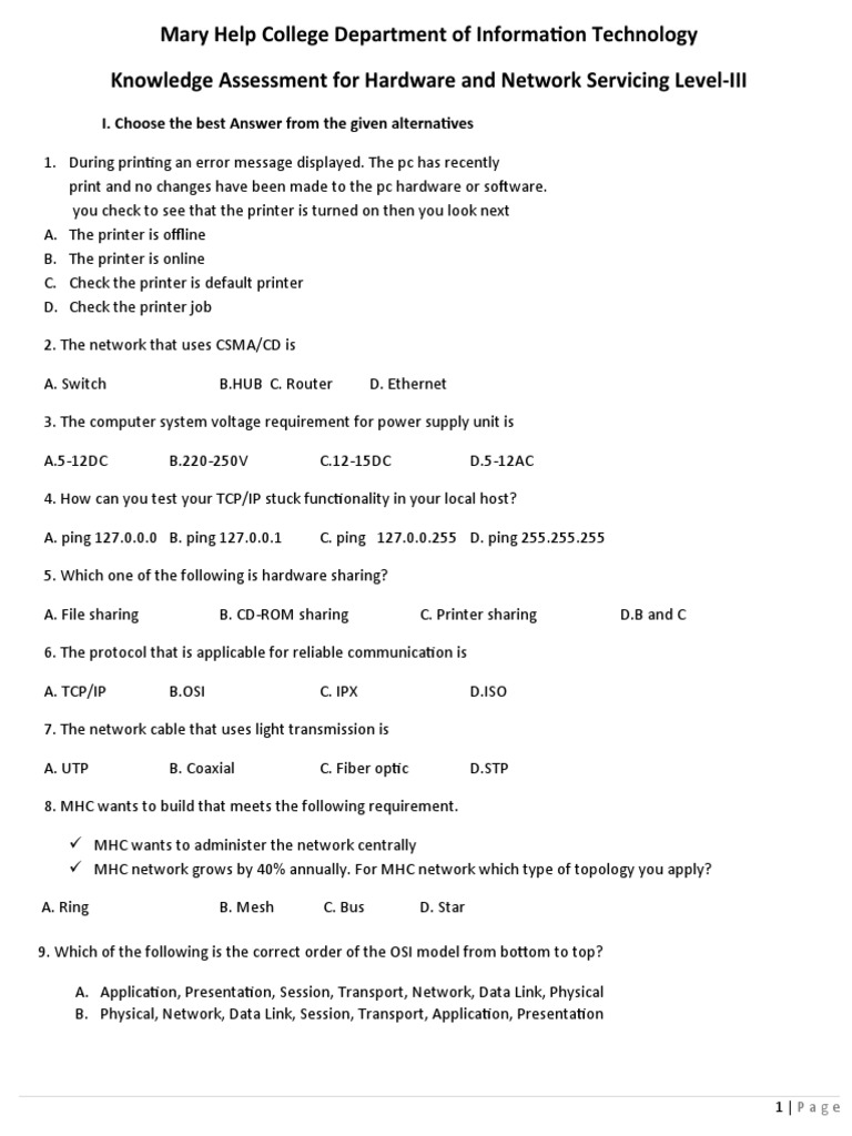 Network Servicing Knowledge Assessment | PDF | Computer Network ...