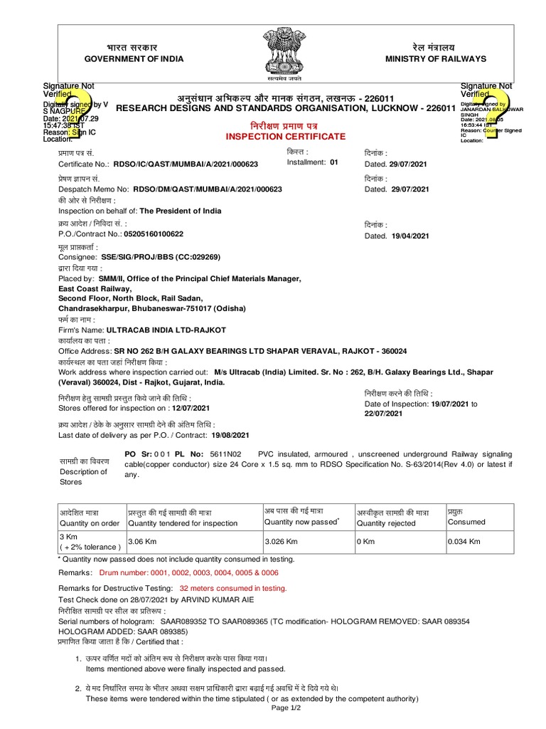 RDSO Inspection Certificate 2021 | PDF