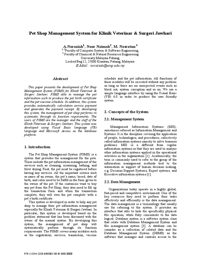 Pet Shop Management System For Klinik Veterinar & Surgeri Jawhari PDF