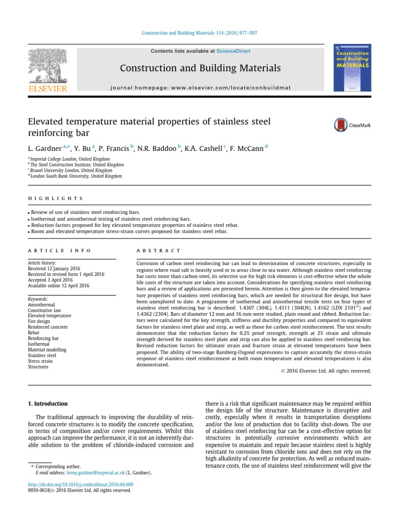 Elevated Temperature Material Properties of Stainless Steel Reinforcing