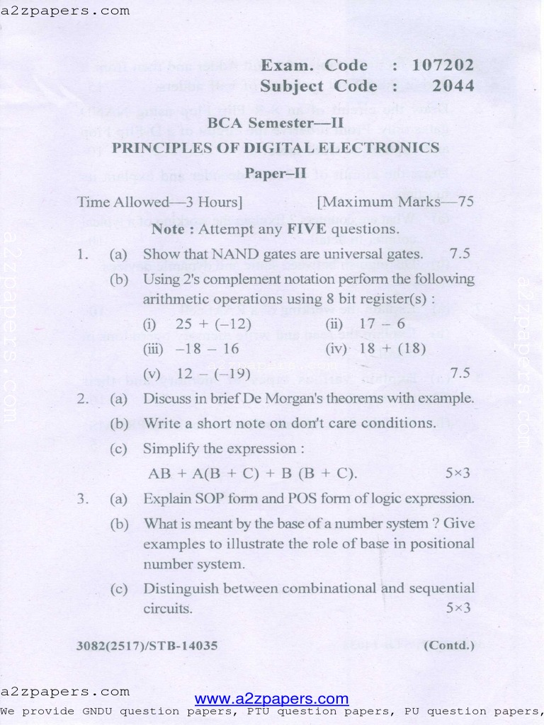 Exam. Code 107202 Subject Code 2044 Principles of Digital Electronics