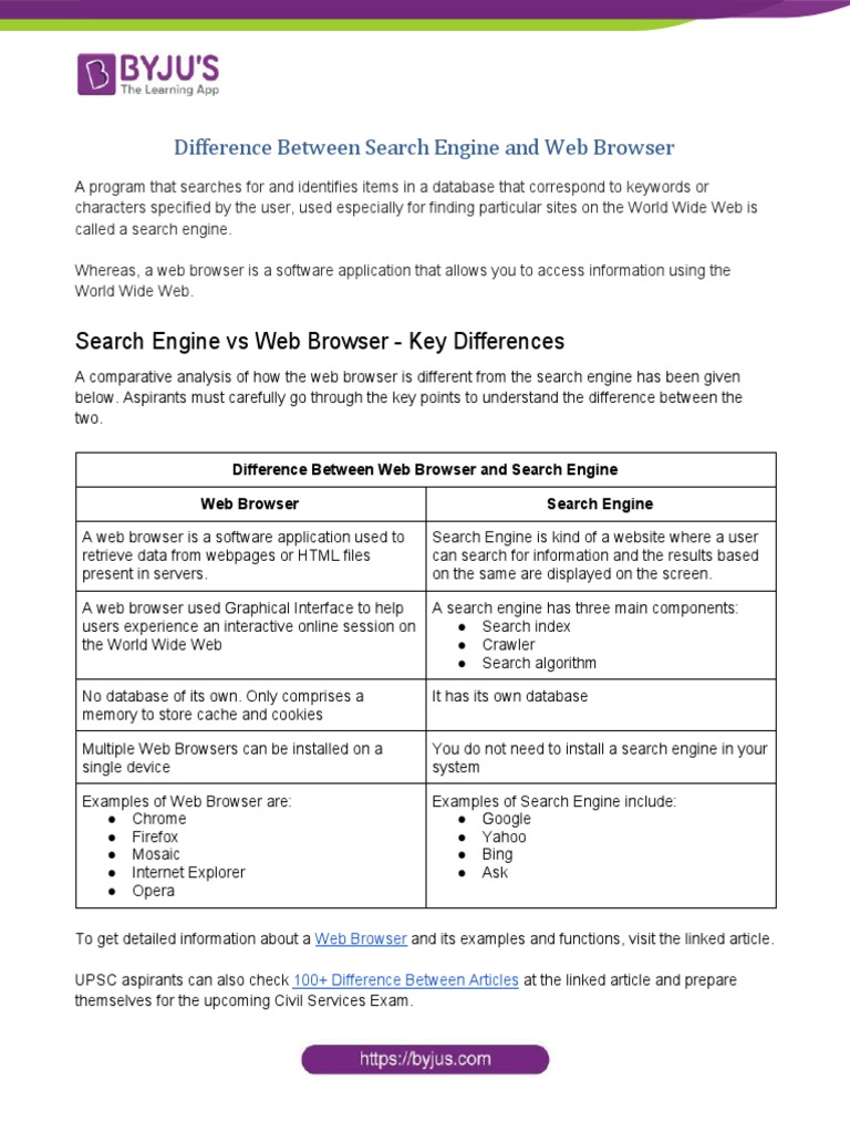 Difference Between Web Browser and Search Engine | PDF | Internet & Web