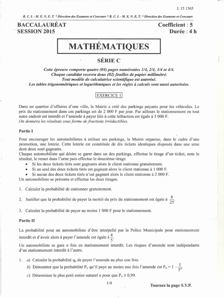 Sujet Bac C Maths 2015 Corrigé | PDF | Ellipse | Probabilité
