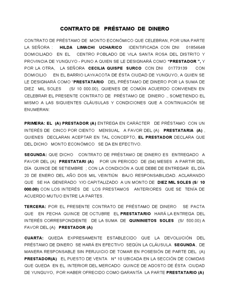 Contrato de Préstamo de Dinero | PDF | Business | Derecho y economía