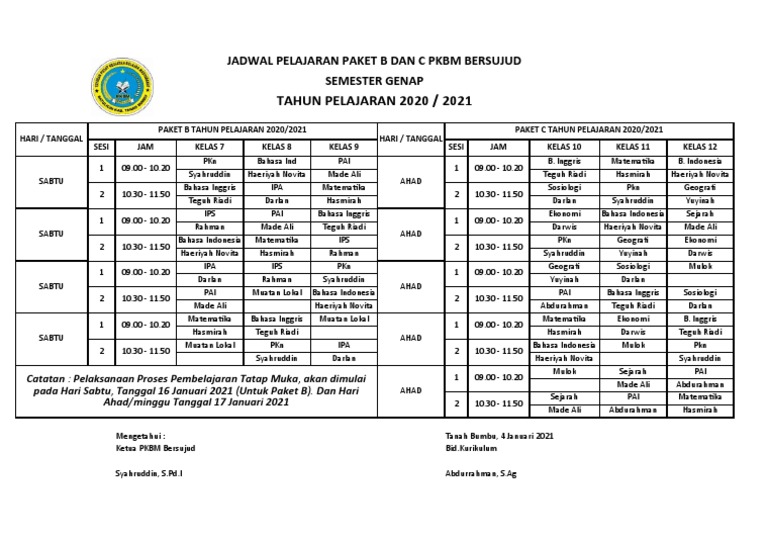 Jadwal Pelajaran Paket B dan C PKBM | PDF