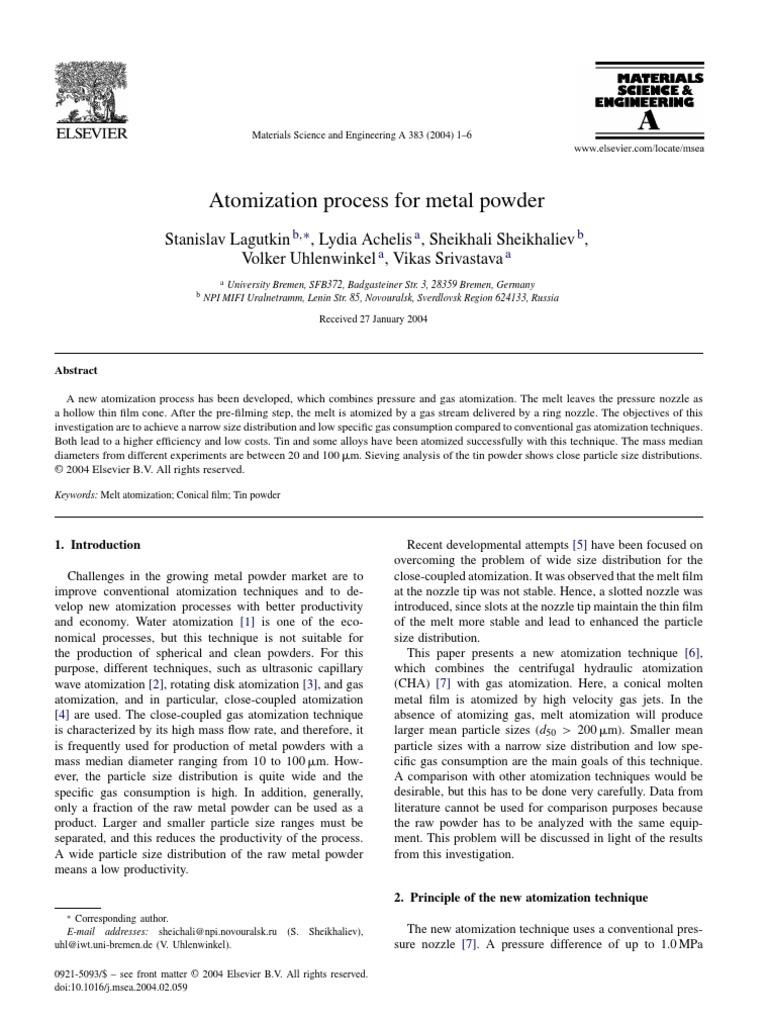 Atomization Process For Metal Powder | PDF | Aerosol | Particle Size ...