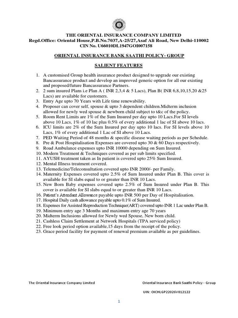 Oriental Insurance Bank Saathi Policy | PDF | Insurance | Health Economics