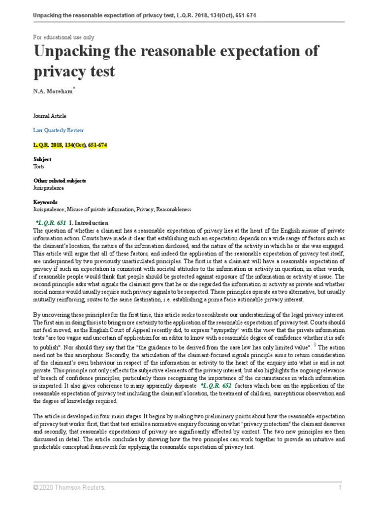 Unpacking The Reasonable Expectation of Privacy Test PDF Privacy