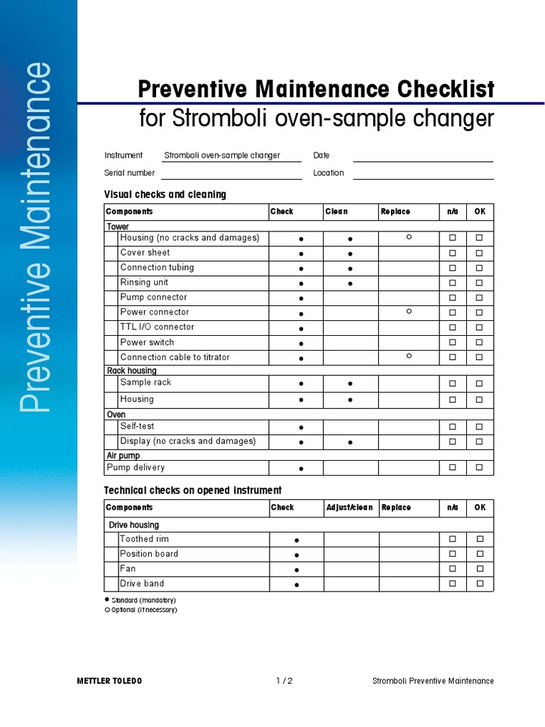 For Stromboli OvenSample Changer Preventive Maintenance Checklist