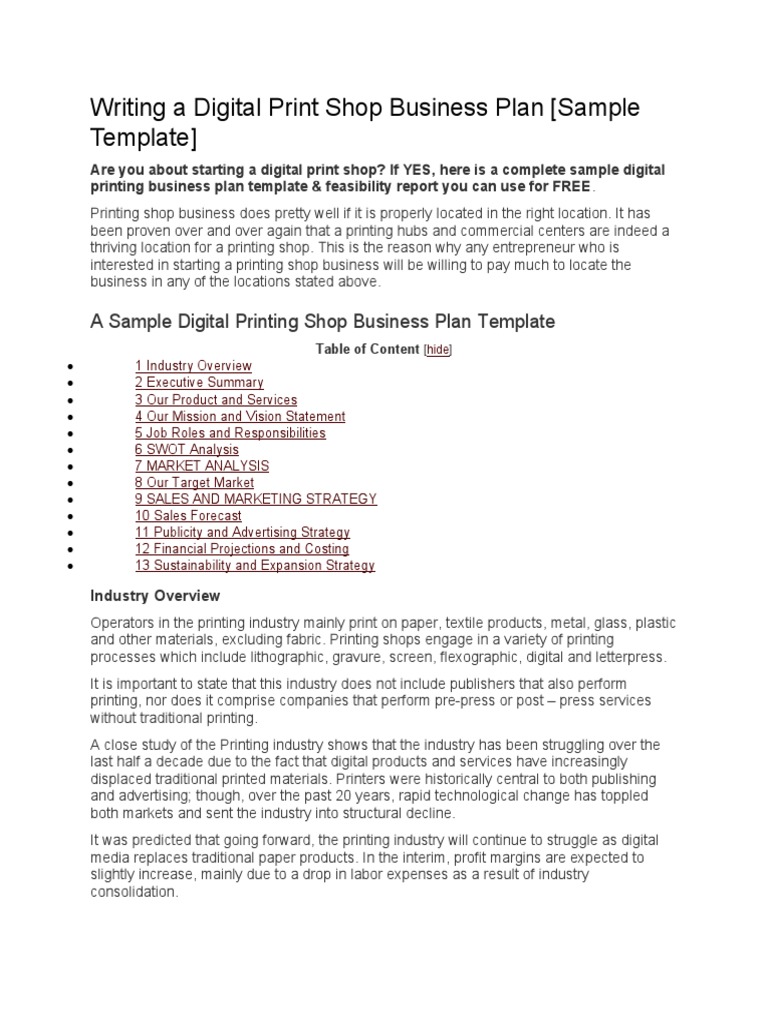 Writing A Digital Print Shop Business Plan PDF Printing Advertising