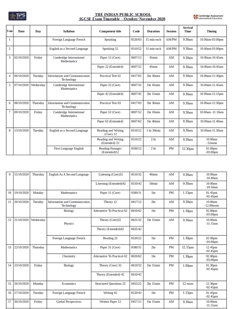 Igcse Timetable October November 2023