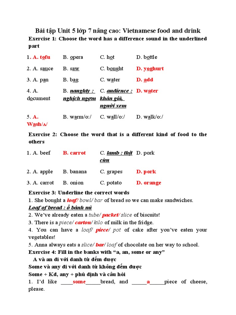 Unit 5: Vietnamese Food Exercises | PDF | Vietnamese Cuisine | Foods