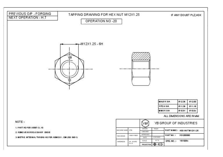 M12 Hex Nut Tapping Drawing Details | PDF | Machines | Crafts
