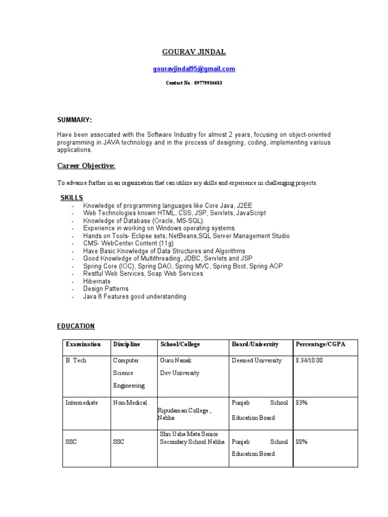 Java Developer Resume - Gourav Jindal | PDF | Spring Framework | Java ...