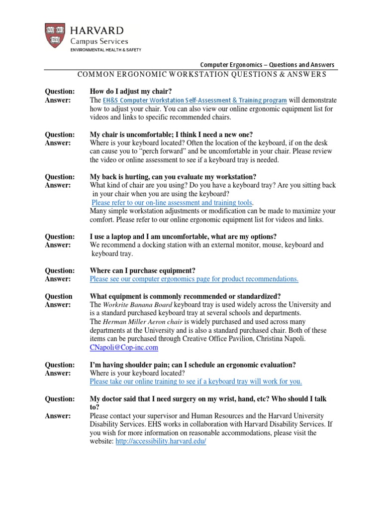 Computer Ergonomics Questions and Answers EH&S Computer Workstation
