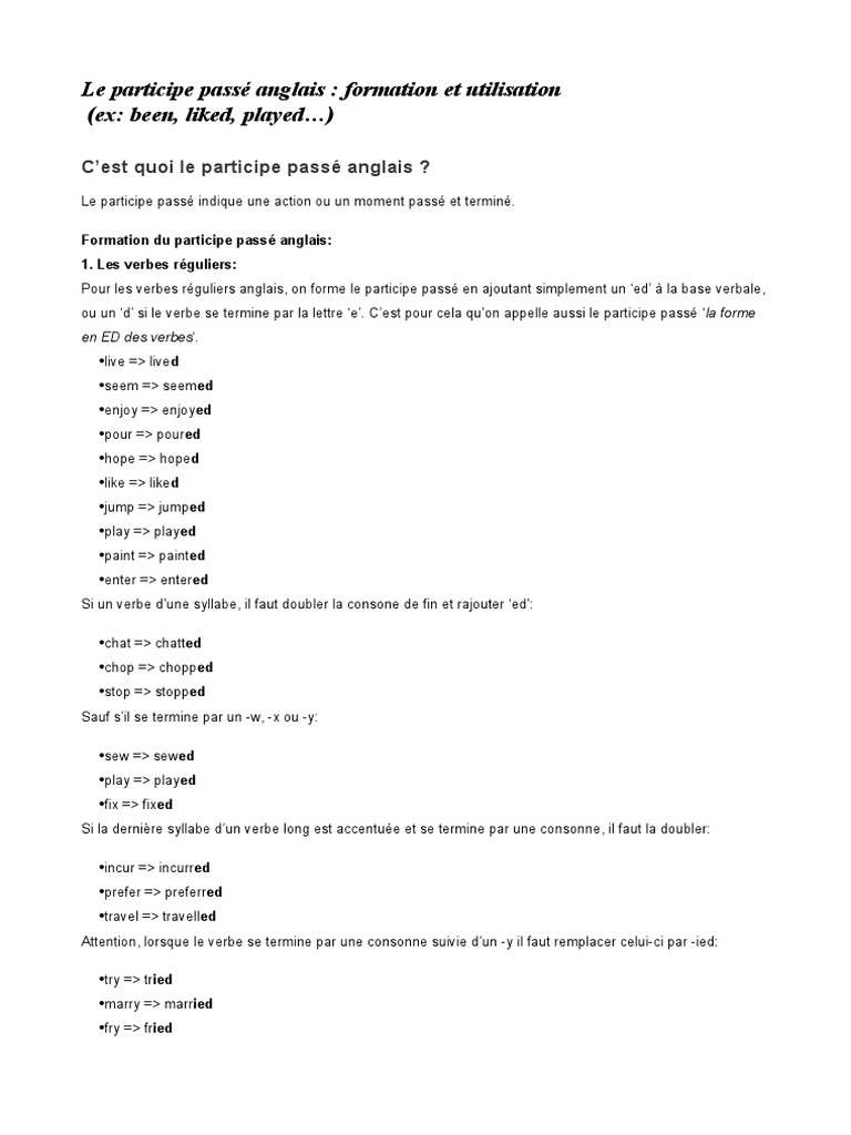 Exercice Participe Passé 5ème à Imprimer Participe Passé Anglais PDF | PDF | Typologie linguistique | Conjugaison