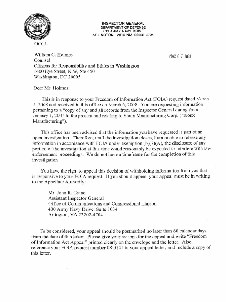 FOIA Response on Sioux Manufacturing Records | PDF
