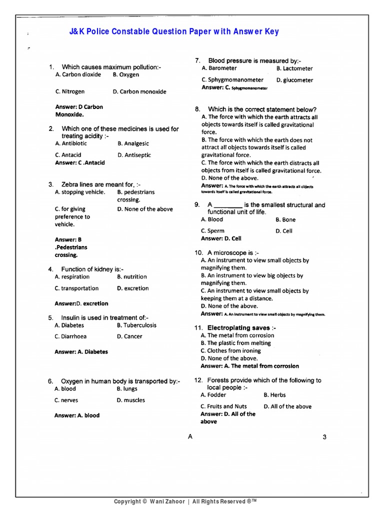JK Police Constable Paper With Answer Key-2017 | PDF | Career & Growth ...