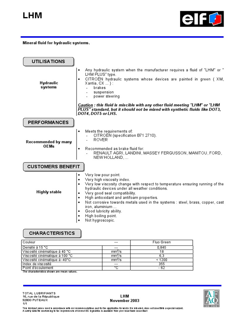 LHM Hydraulic Fluid Specifications and Uses | PDF | Mechanical ...