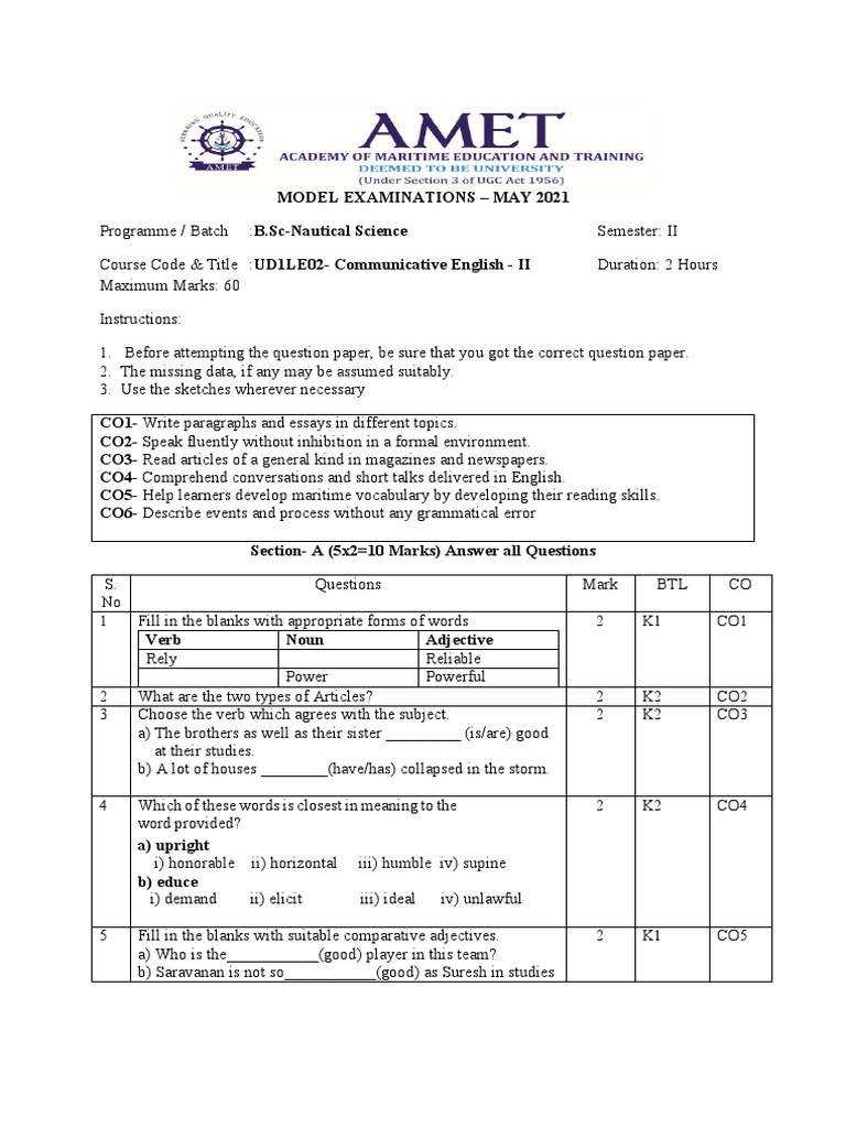 Model Exam Qp For Communicative English Ii Pdf English Language Communication