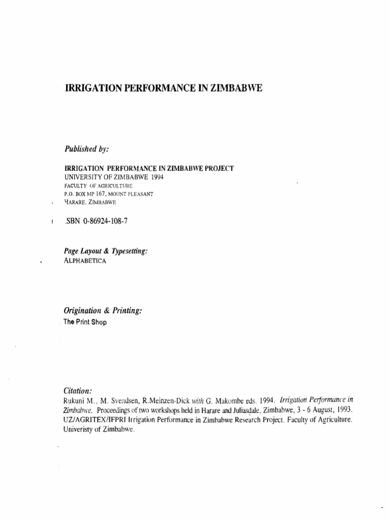 Irrigation Performance in Zimbabwe Published by PDF Taxes Tax
