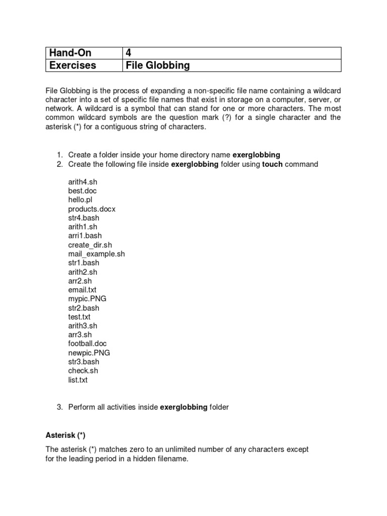 HandOn 4 Exercises File Globbing Asterisk ( ) PDF Filename