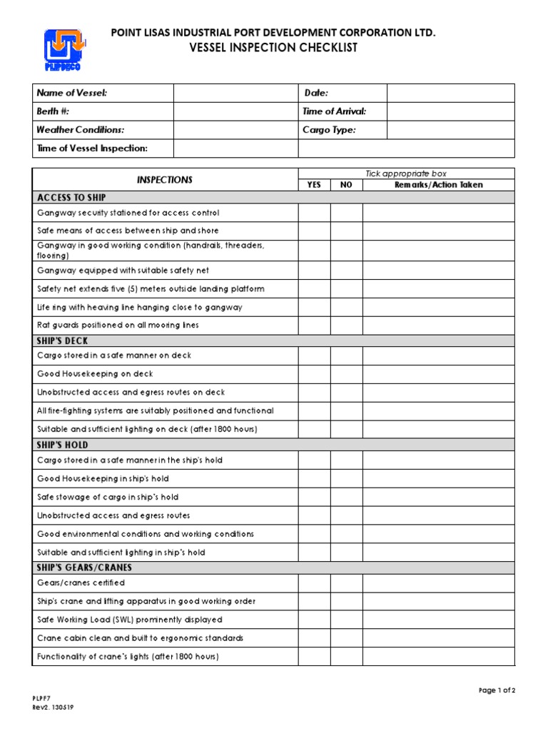 Vessel Inspection Checklist01 PDF Ships Dangerous Goods