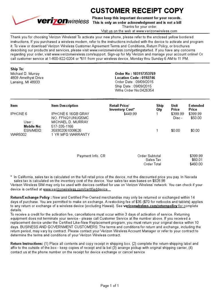 Verizon PDF Receipt I Phone
