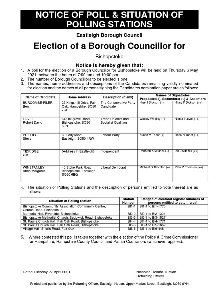 Notice of Poll and Situation of Polling Stations Borough | PDF ...