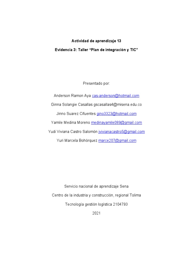 Taller Plan de Integracion y TIC | PDF | Logística | Planificación de ...