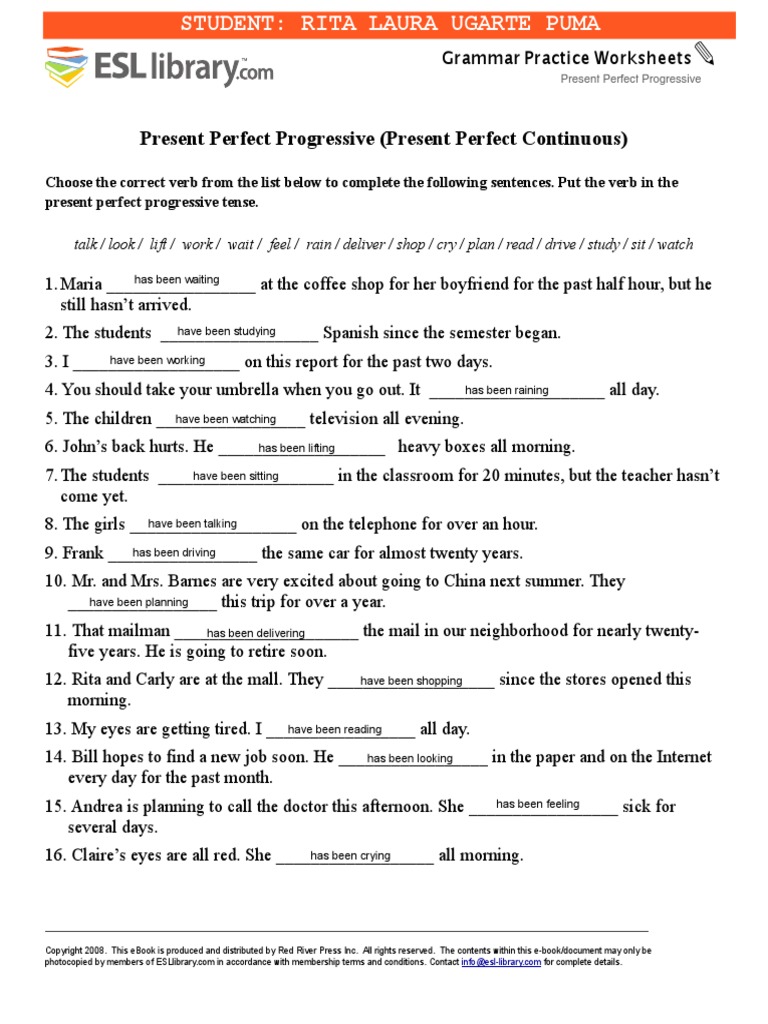 Grammar Present Perfect Continuous RESUELTO PDF E Books