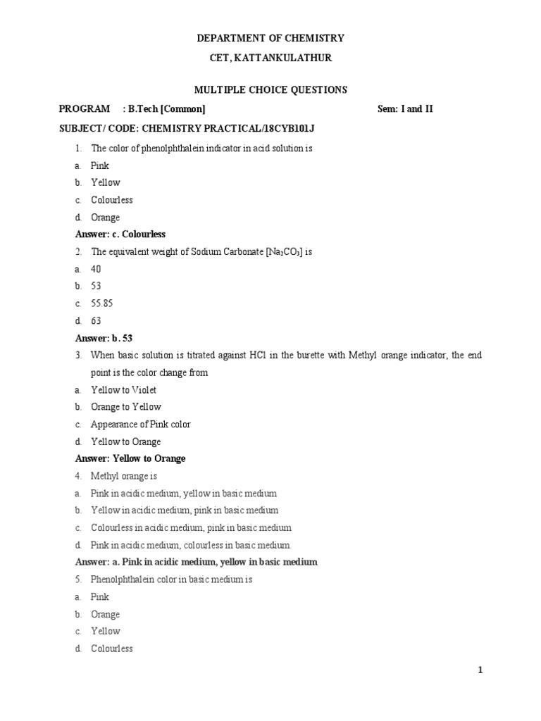 Chemistry Practical MCQs for B.Tech Students | PDF | Ph | Chemistry