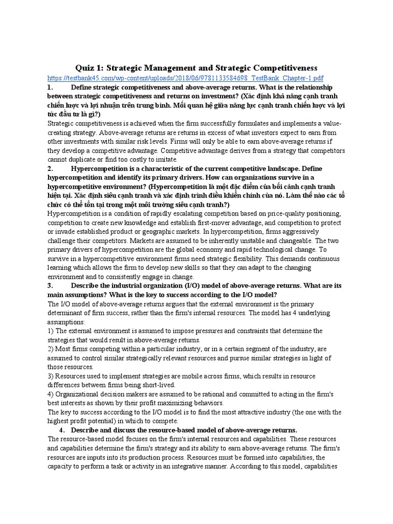 Quiz 1: Strategic Management and Strategic Competitiveness | PDF ...