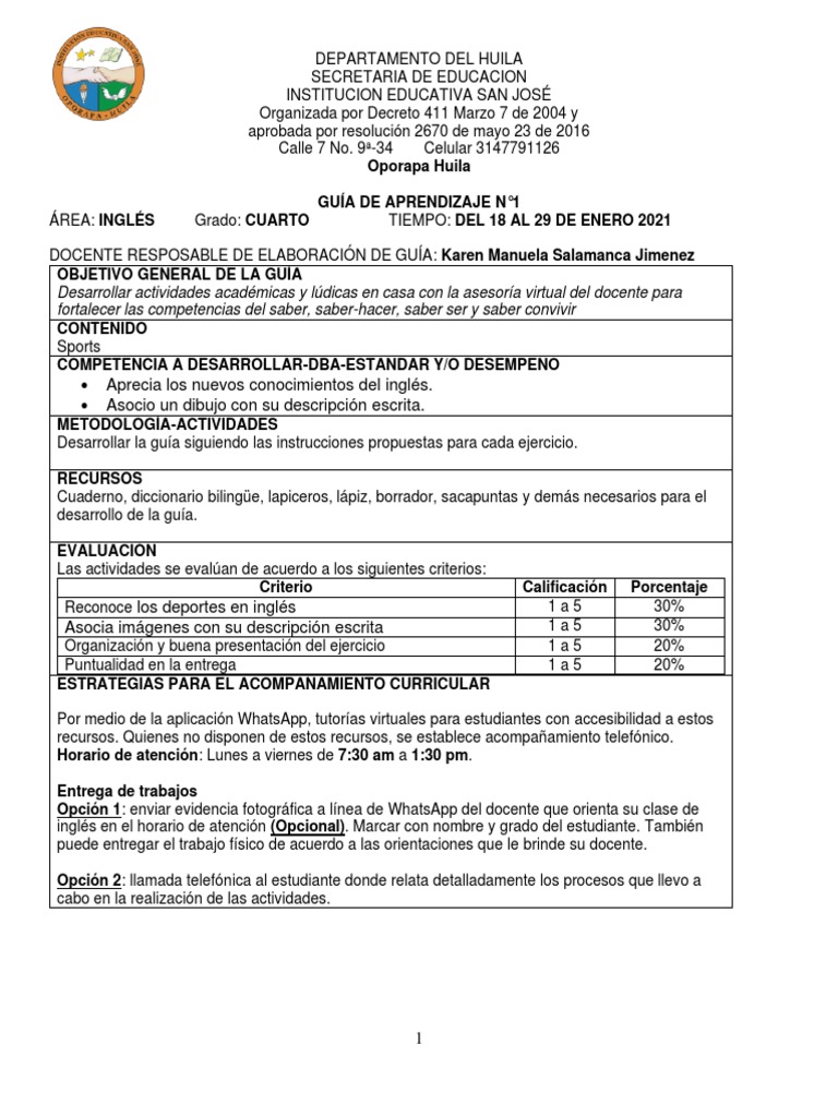 Guía de Aprendizaje de Inglés 4° Grado | PDF | Enseñando | Comunicación